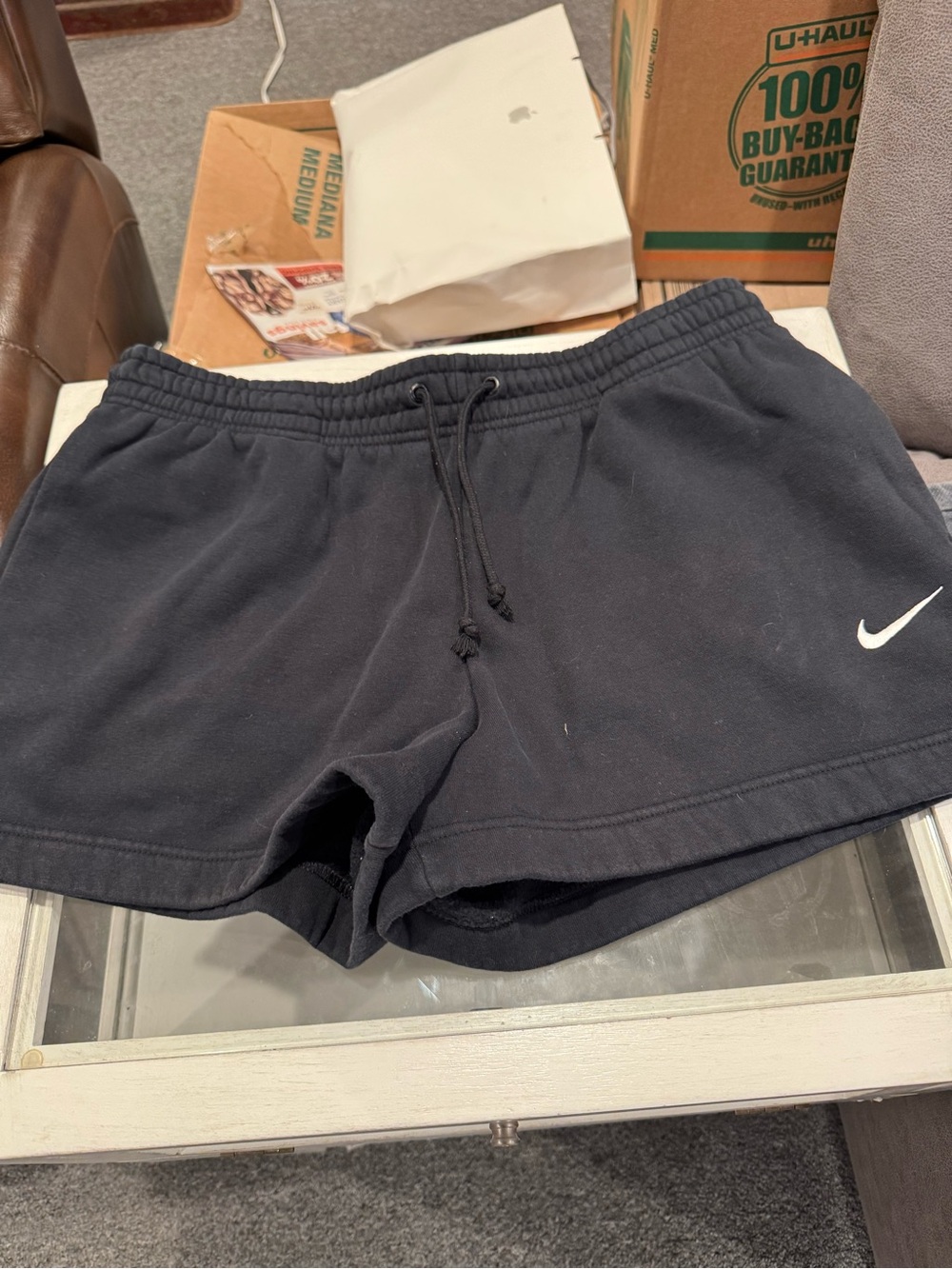 Nike Women's Black Athletic Drawstring Shorts with White Swoosh